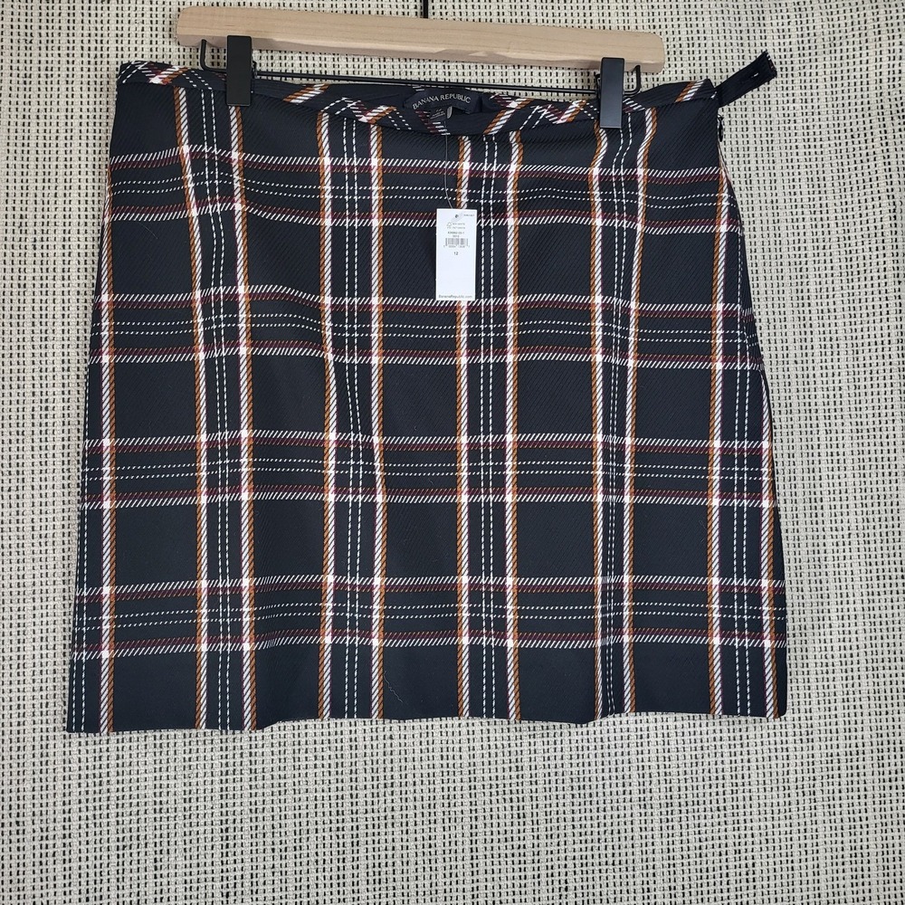 Banana Republic Skirt Womens Size 12 Black Plaid Wrap A-Line Belted New Tag - Picture 2 of 5